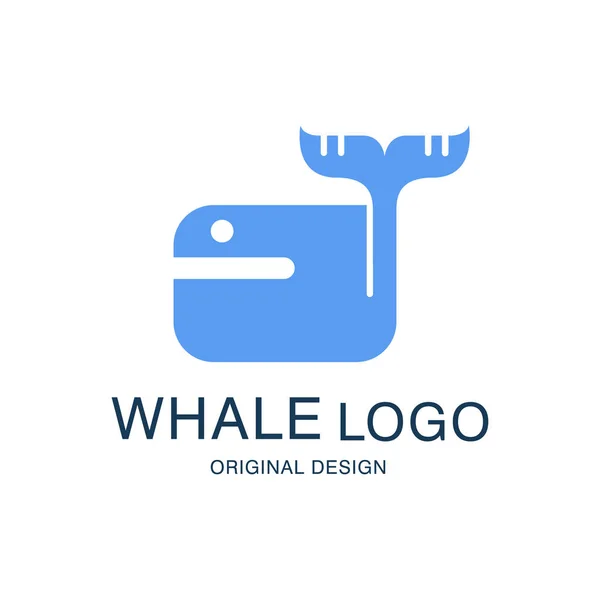 Whale logo original design, emblem with blue whale can be used for travel agency, shipping company, seafood market, pool vector Illustration on a white background — Stock Vector