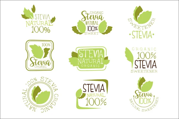 Stevia natürlicher Nahrungsmittelsüßstoffzusatz und Zuckerersatz Set mit grünen Logo-Design-Vorlagen mit Pflanzenblättern — Stockvektor