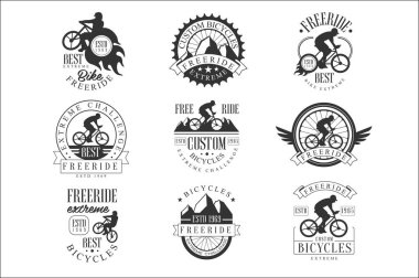 Özel yapılmış Free Ride Bike Dükkanı siyah ve beyaz işareti tasarım şablonları metin ve araçları siluetleri