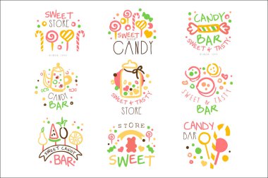 Candy Shop Promo işaretleri renkli vektör tasarım şablonları tatlı ve pasta siluetleri ile ayarla