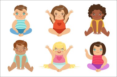 Oturma ve gülümseyen, karikatür mutlu bebek karakter kümesini çok güzel büyük gözlü bebekler