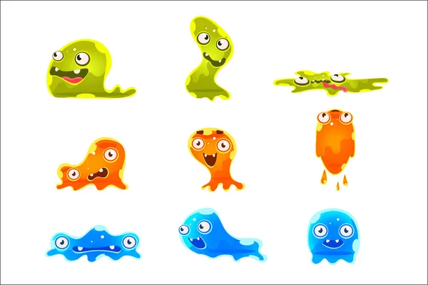 다른 색상의 느린 Blob Emoji 만화 원시적인 환상적인 원시 유기 체 캐릭터 설정 — 스톡 벡터