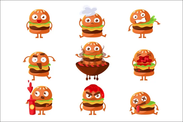 Burger Fast Food Sandwich Cartoon Humanized Character Emoji Sticker Set Of Vector Illustrations — Stock Vector