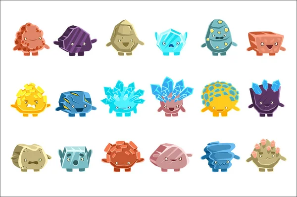Alien fantastische Golem-Charaktere aus verschiedenen vermenschlichten Felsen mit freundlichen Gesichtern Emoji-Aufkleber Set — Stockvektor