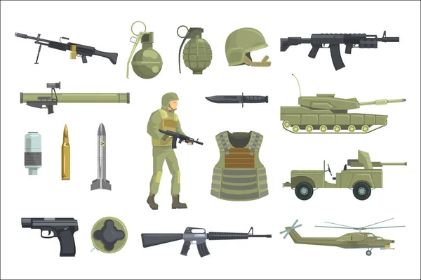 Professional Army Infantry Forces Weapons, Transportation And Soldier Equipment Set Of Realistic Objects In Khaki Color — Stock Vector