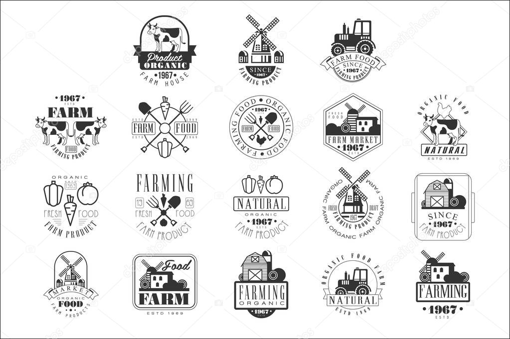 Organic Farm Products Black And White Sign Design Templates With Text And Tools Silhouettes. Collection Of Monochrome Vector Emblems For Natural Eco Farming Food Advertisement.