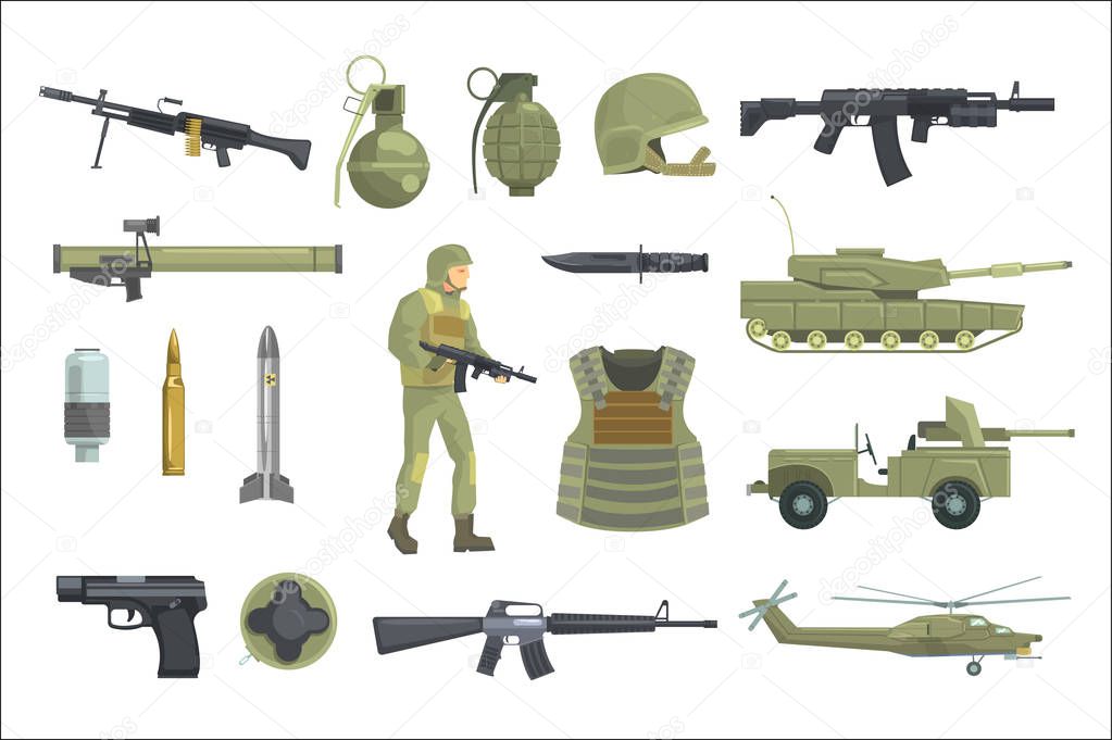 Professional Army Infantry Forces Weapons, Transportation And Soldier Equipment Set Of Realistic Objects In Khaki Color