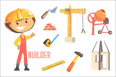 Çocuk Builder, çocuklar hayalimdeki inşaat işçisi meslek nesneleri için profesyonel meslek illüstrasyon ile ilgili