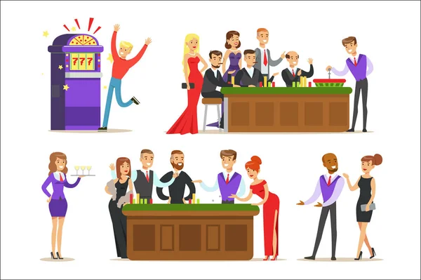 Joueurs Dans Chic Casino à Vegas Jouer aux Cartes, Roulette Et Machine à sous Souriants Joueurs, Serveurs Et Distributeurs Illustrations — Image vectorielle