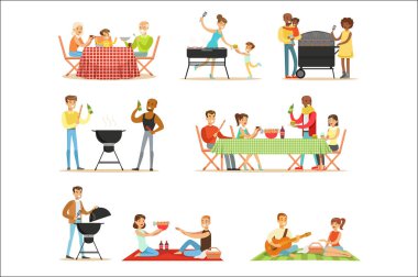 Barbekü açık havada yemek ve pişirme piknik insanlar sahnelerin elektrikli Barbekü Izgara sette et ızgara