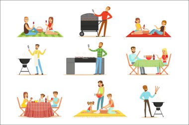 Barbekü açık havada yemek ve pişirme piknik üzerinde kişi elektrikli Barbekü Izgara toplama sahneleri üzerinde et ızgara