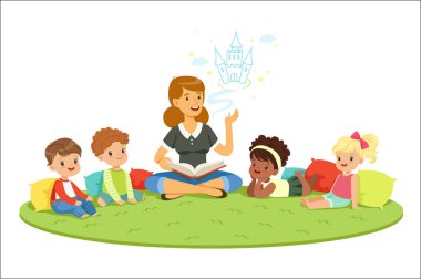 İlköğretim öğrenci ve öğretmen. Çocuk ve eğitim anaokulu içinde. Ayrıntılı renkli çizimler karikatür