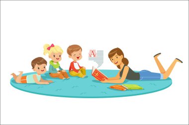 İlköğretim öğrenci ve öğretmen. Çocuk ve eğitim anaokulu içinde. Ayrıntılı renkli çizimler karikatür