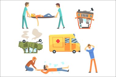 İnsan sağlığına zarar ve stilize çizgi film çizimler kurban kümesi yardım ambulansı ile sonuçlanan trafik yol kazası