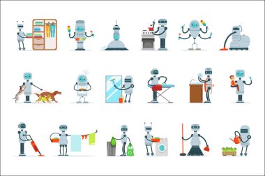 Hizmetçi robot ile fütüristik illüstrasyon temizlik ev Robot yapmayı ev temizleme ve diğer görevleri kümesi