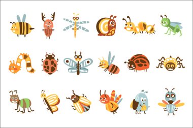 Funky Bugs And Insects Set Of Small Animals With Smiling Faces And Stylized Design Of Bodies clipart