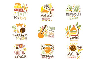 Touristic Travel Agency Set Of Colorful Promo Sign Design Templates With Different Tourism Countries And Their Famous Objects clipart