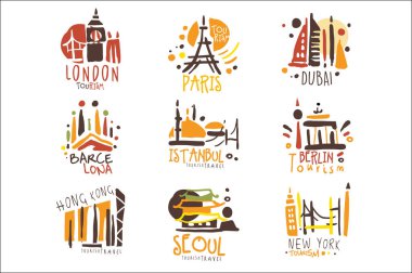 Renkli sahil yolu işaret tasarım şablonları farklı turizm şehir ve mimarileri ile dizi turizm seyahat acentası