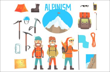 Üç dağcı ve dağcılık donanımları tırmanışla ayarla ve vektör çizimler Alpinist araçları
