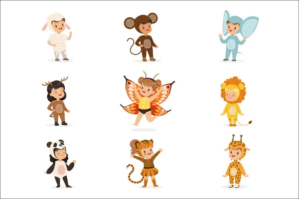 Types de déguisement animal heureux et prêt pour Halloween Masquerade Party Collection de bébés déguisés mignons — Image vectorielle
