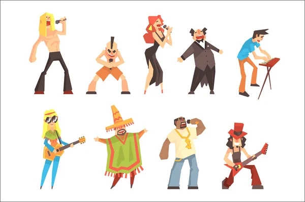 Musicisti e cantanti di diversi stili musicali che si esibiscono sul palco in concerto set di personaggi dei cartoni animati — Vettoriale Stock