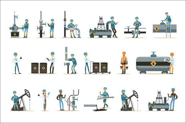 Šťastní lidé pracující v ropném průmyslu sada kreslené postavičky v potrubí a ropné extrakční stroje — Stockový vektor