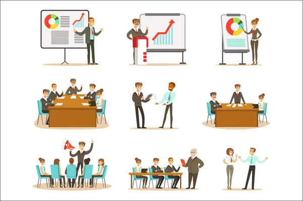 Managers And Office Workers On Business Training Class, Developing Marketing And Business Management Skills And Knowledge Collection — Stock Vector