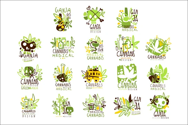 Medical Cannabis Modelo Gráfico Colorido Design Logo Series, Estênceis de vetor desenhado à mão — Vetor de Stock