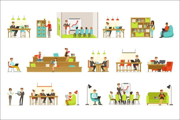Coworking 工作场所 自由职业者共享空间和思想的办公室在哪里 他们一起工作的插图集 办公室工作人员和自由职业者员工一起在现代共同工作空间 — 图库矢量图片