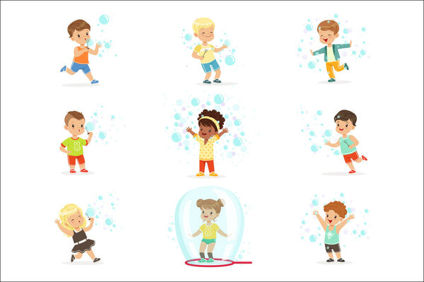 Cute little girls and boys blowing and playing soap bubbles. Cartoon detailed colorful Illustrations isolated on white background