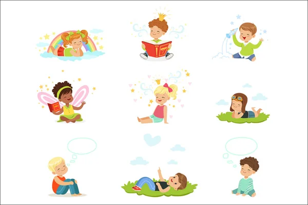 Niños felices y encantadores juegan y sueñan. Dibujos animados ilustraciones coloridas detalladas — Vector de stock