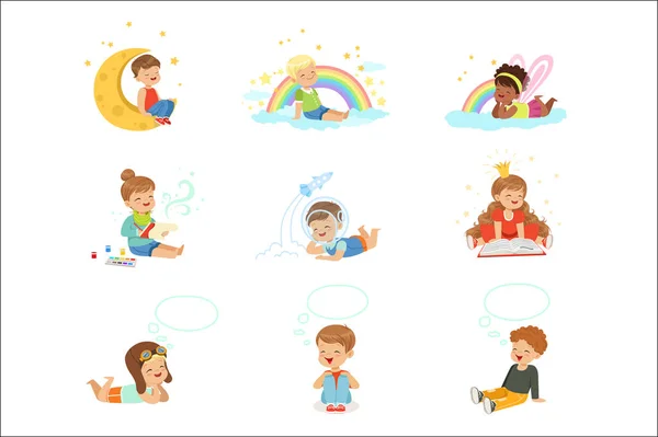 Glada barn drömmer och fantiserar. Cartoon detaljerade färgglada illustrationer — Stock vektor