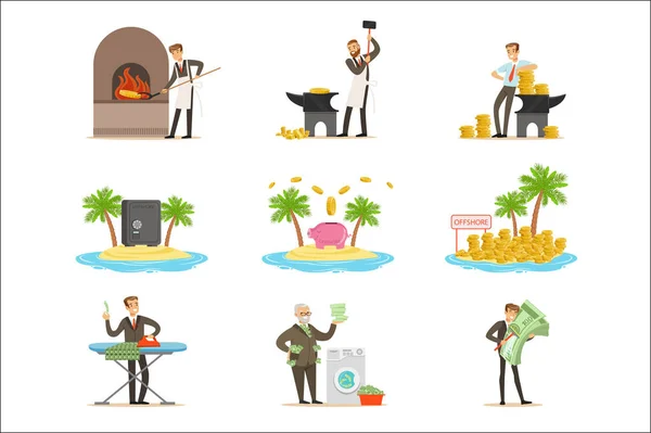 Illegal Money Laundering And Using Offshores Set Of Illustrations With Corrupt Businessman Washing Dirty Money — Stock Vector