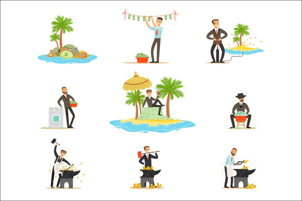 Незаконное отмывание денег и использование офшорной серии иллюстраций с коррумпированным бизнесменом, стирающим грязные деньги
