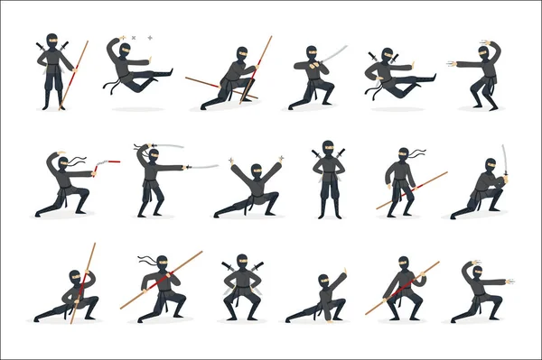 Japanse Ninja Assassin In volledig zwart kostuum uitvoeren van Ninjitsu Martial Arts houdingen met verschillende wapens Set van illustraties. — Stockvector