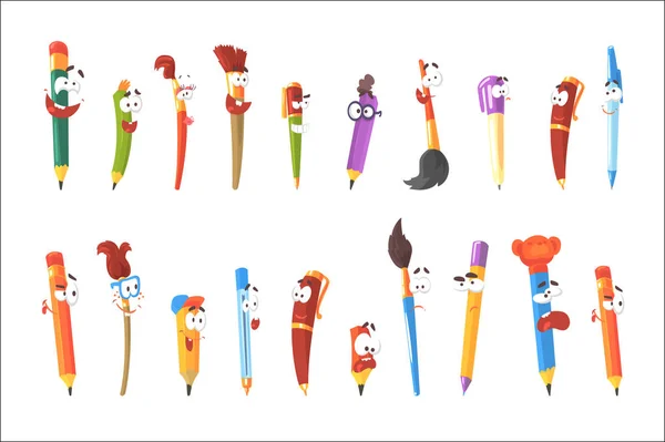 Caneta sorridente, lápis e pincéis, conjunto de personagens de desenhos animados estacionários isolados adesivos coloridos —  Vetores de Stock