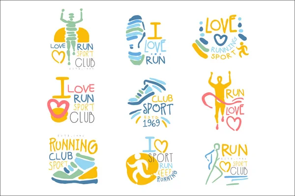 Running Supporters And Run Fans Club For People That Love Sport Set Of Colorful Promo Sign Design Templates — Stock Vector