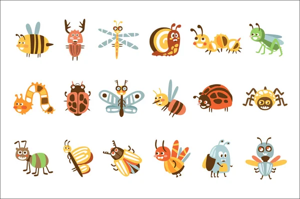 Bugs funky et insectes ensemble de petits animaux avec des visages souriants et la conception stylisée des corps — Image vectorielle