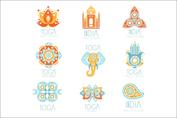 Indian Yoga Studio Set Of Colorful Promo Sign Design Templates With Mandalas And Stylized Famous Spiritual Indian Symbols — Stock Vector