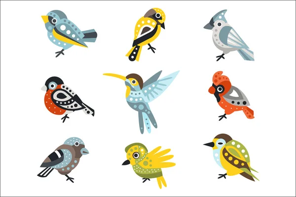 Pequeñas especies de aves, gorriones y colibríes Conjunto de diseño artístico decorativo Animales salvajes Ilustraciones vectoriales — Vector de stock