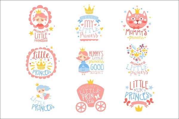 Lilla prinsessan uppsättning utskrifter för Infant flickor rum eller kläder designmallar i rosa och blå färg — Stock vektor