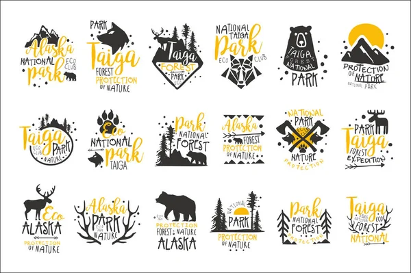Alaska National Park Promo Signs Series Of Colorful Vector Design Templates With Wilderness Elements Silhouettes — Stock Vector
