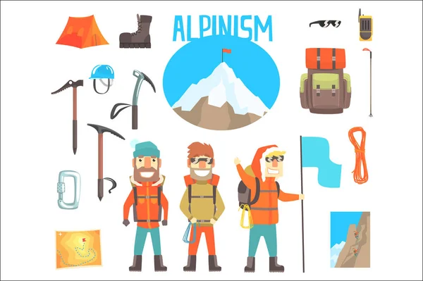 Drie bergbeklimmers en bergbeklimmen apparatuur ingesteld van het alpinisme en Alpinist Tools vectorillustraties — Stockvector