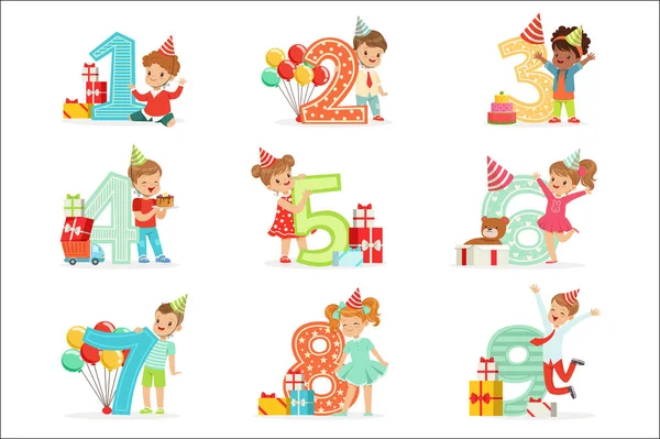 Little Children Birthday Celebration Set With Adorable Kids Standing Next To The Growing Digits Of Their Age — Stock Vector