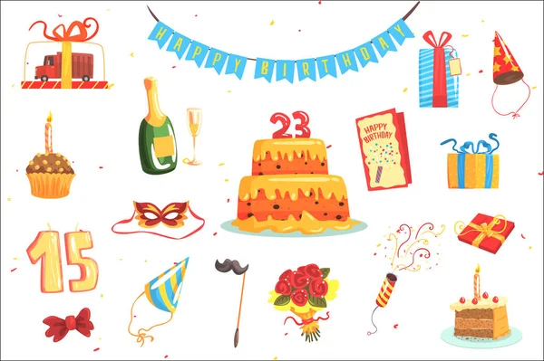Happy Birthday Party zestaw kreskówka na białym tle obiektów związanych z dobrą zabawę i świętuje — Wektor stockowy