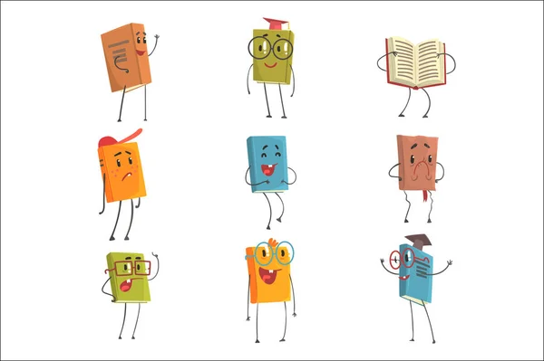 Niedliche humanisierte Buch-Emojis, die verschiedene Arten von Literatur, Kinder- und Schulbüchern repräsentieren — Stockvektor