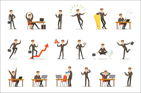 Рабочий процесс бизнесмена Набор бизнес-сценариев, связанных с характером молодого предпринимателя мультфильм
