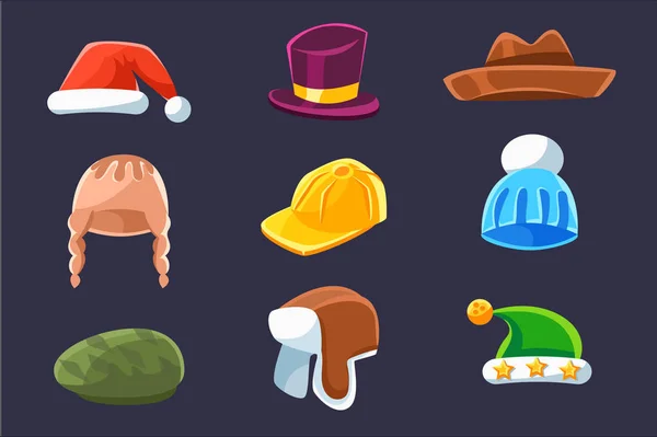 Diferentes tipos de sombreros y gorras, cálidos y con clase para niños y adultos Serie de dibujos animados coloridos artículos de ropa vectorial — Archivo Imágenes Vectoriales