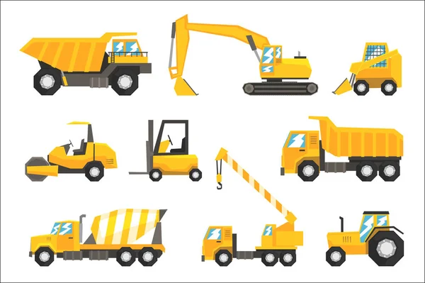 Voitures De Construction Jaunes Et Machines Ensemble De Véhicules Colorés Dans Des Illustrations De Conception Réaliste — Image vectorielle