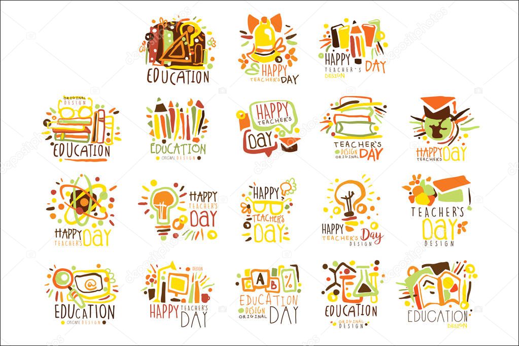 Happy Teachers Day Colorful Graphic Design Template Logo Set ,Hand Drawn Vector Stencils. Artistic Promo Posters With Funky Font And Fun Design Elements.